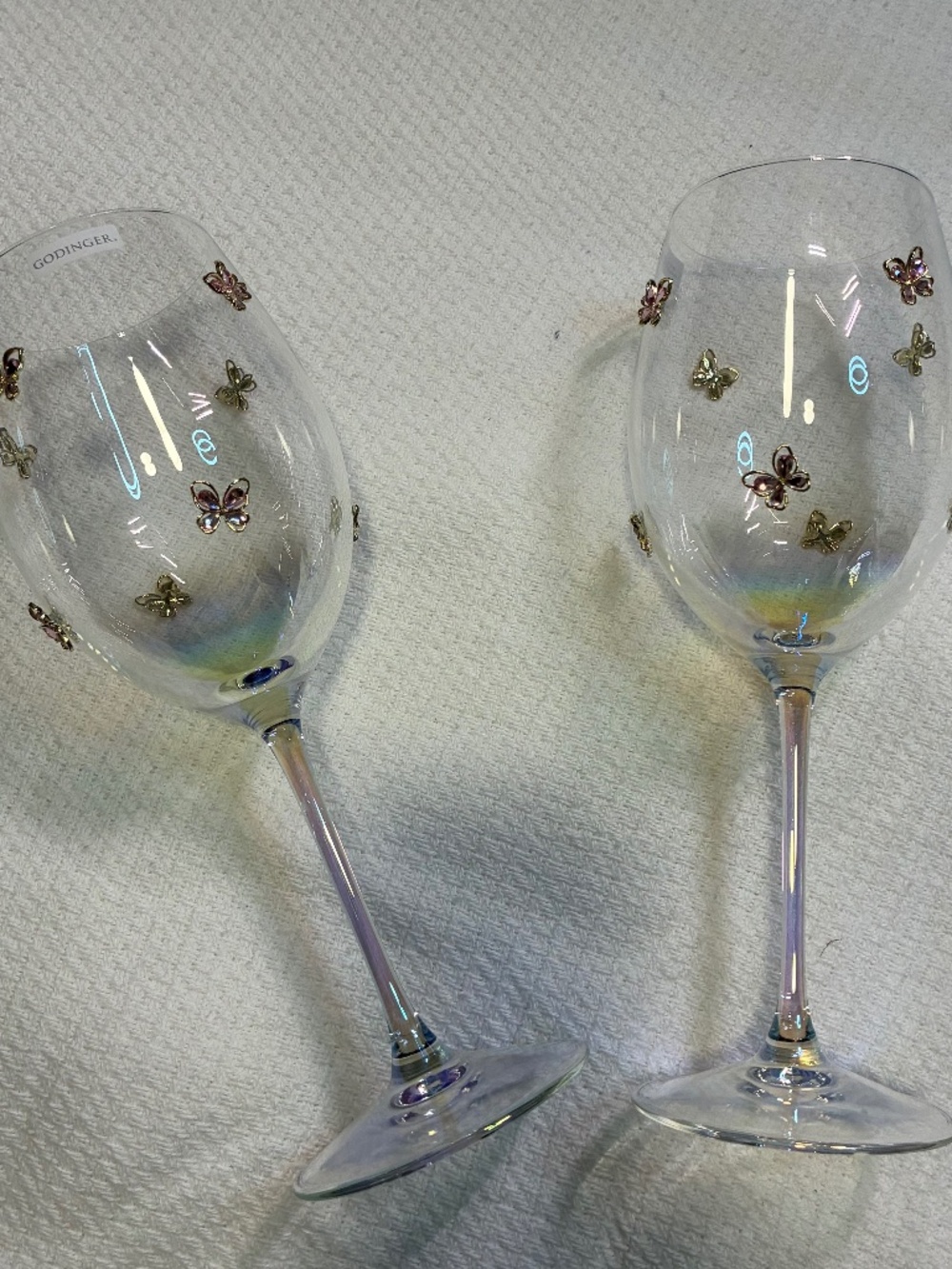 Godinger Luster Butterfly Icon Wine Glass, butterfly embellishments. Set of 2.